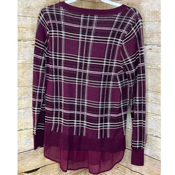 TORRID PURPLE PLAID KNIT CREWNECK CHIFFON SHIRTTAIL TRIM SIZE 00 (M/10) - Picture 2 of 3